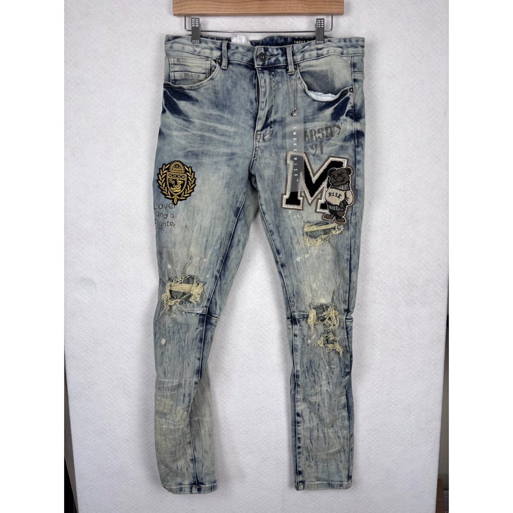 SMOKE RISE Slim Tapered Varsity Patch Distressed Jeans 32x30 Streetwear Grunge